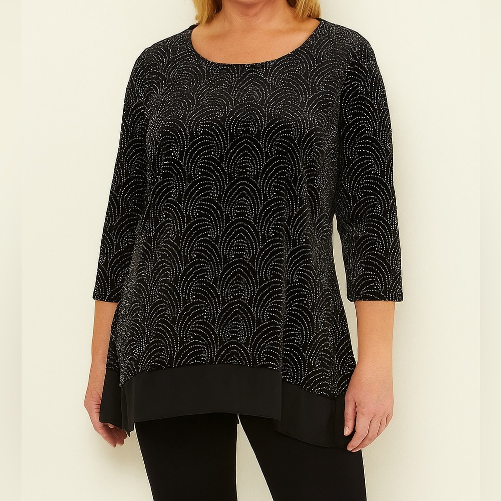 Notations Black velvet and Silver glitter Patterned holiday party Blouse size S